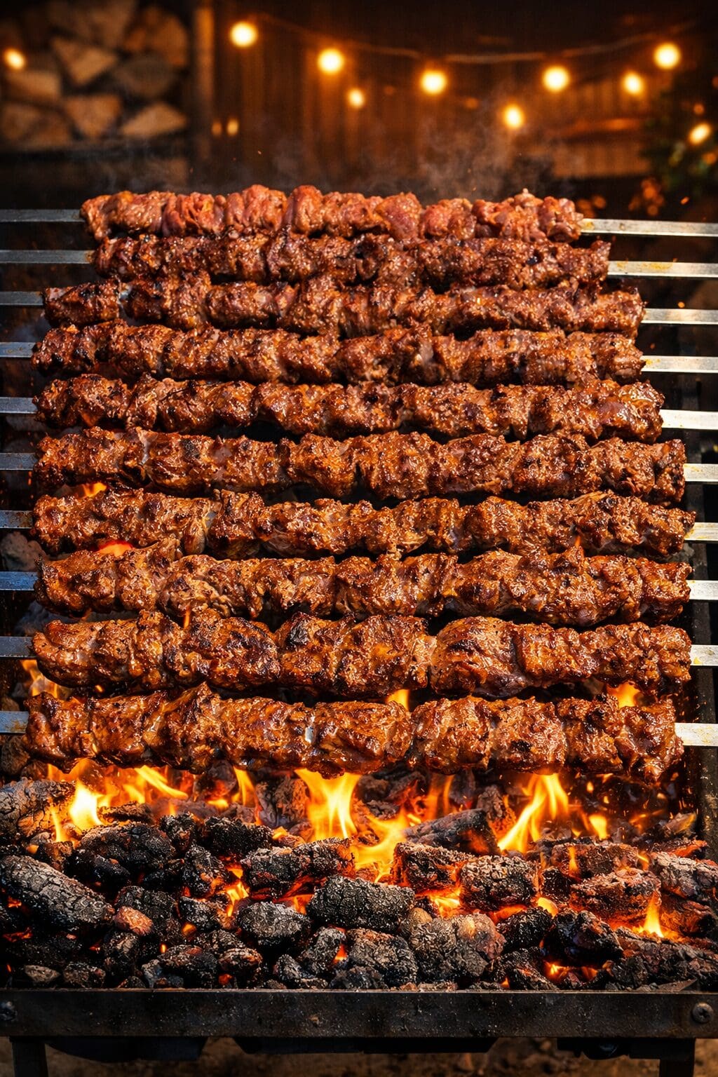 Grilled meat skewers over open flames.