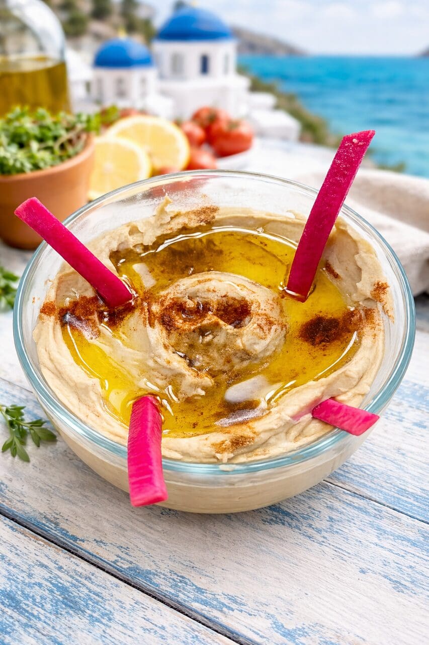 Hummus with pink garnishes, Mediterranean backdrop.