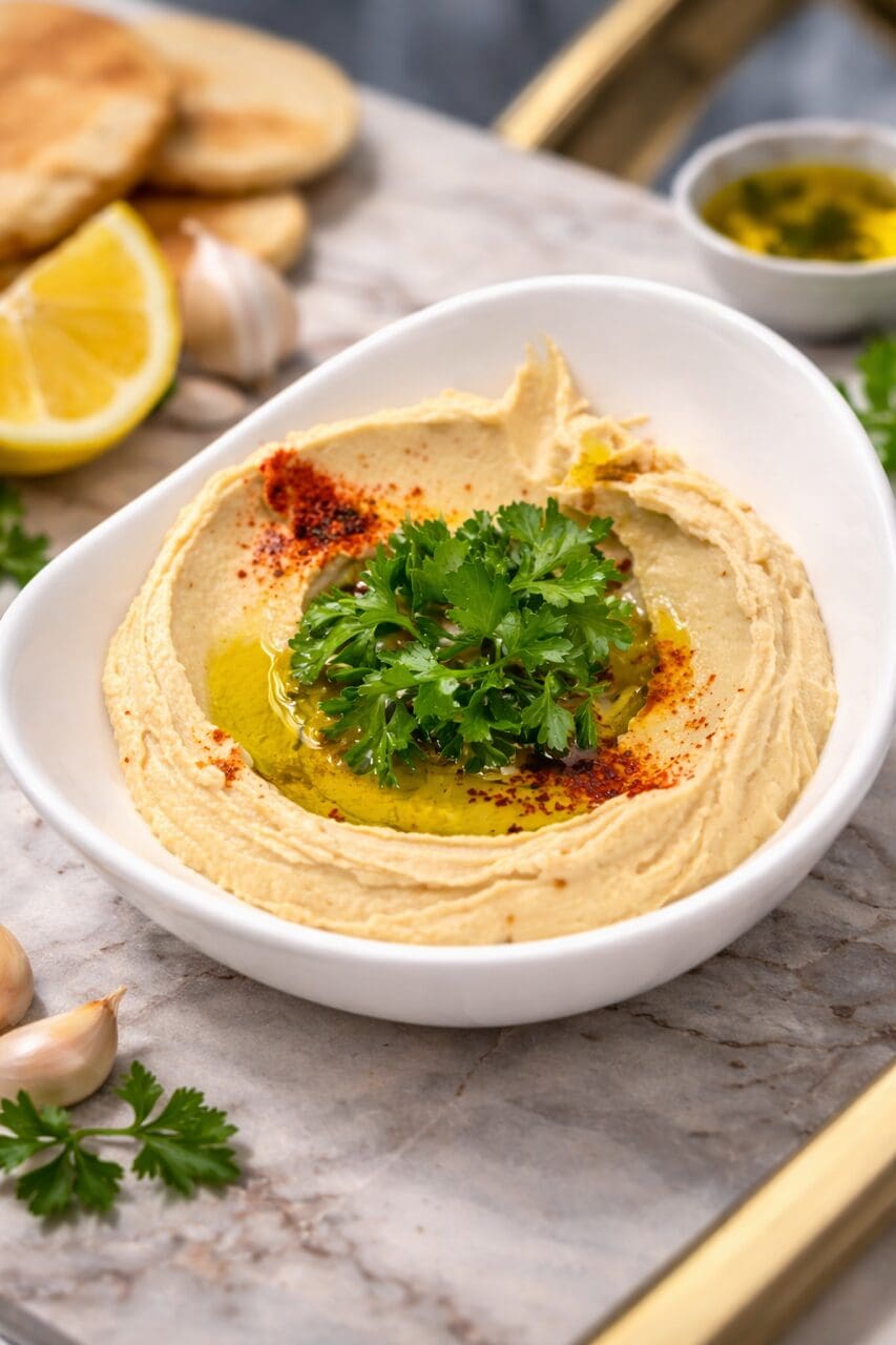 Creamy hummus with parsley and olive oil.