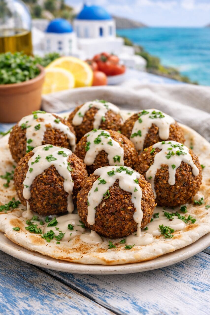 Falafel with tahini sauce on pita bread.